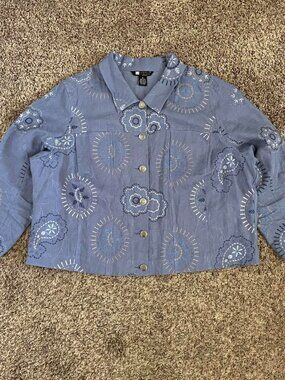 Vintage Linen Jacket Button Down Carole Little Embroidery 90s Boho Indie
